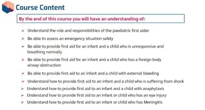 Paediatric First Aid learning outcomes