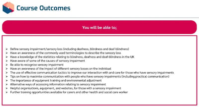 Sensory Impairment Awareness Learning Outcomes